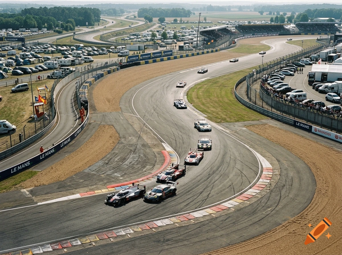 High-angle view of racing cars navigating a curve on the Le Mans racetrack with red and white curbs.