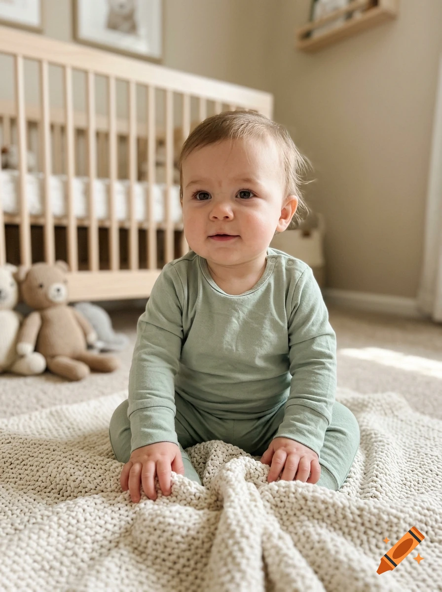 Photorealistic image of a one-year-old baby sitting on a knitted blanket in a brightly lit nursery with a crib and teddy bears.