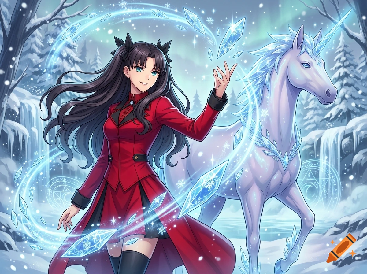 Anime illustration of a woman in a red coat summoning ice crystals next to a majestic unicorn in a snowy forest.