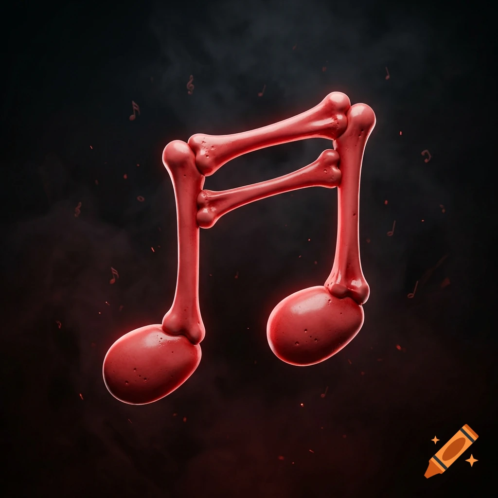 Two connected red music notes made of bones floating against a dark smoky background with glowing particles.