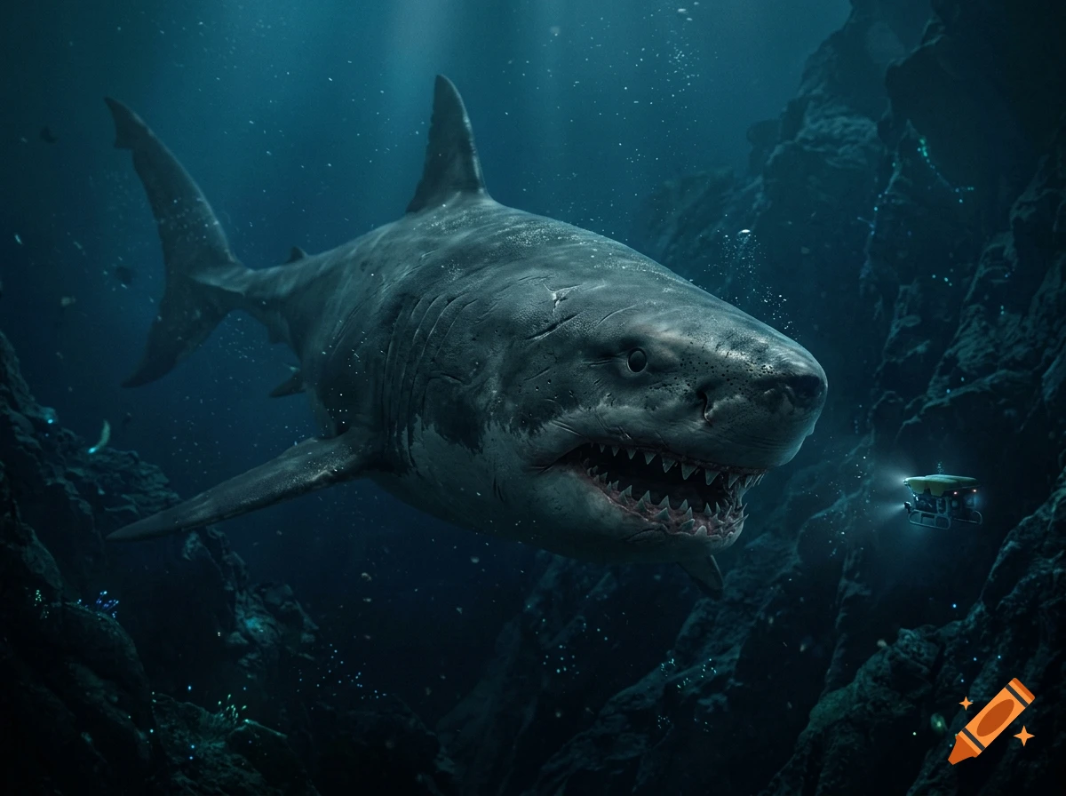 Photorealistic image of a massive megalodon shark swimming in the deep ocean near a small underwater submersible.