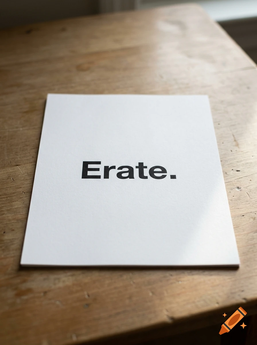 A sheet of white paper with the word Erate printed on it, resting on a wooden table.