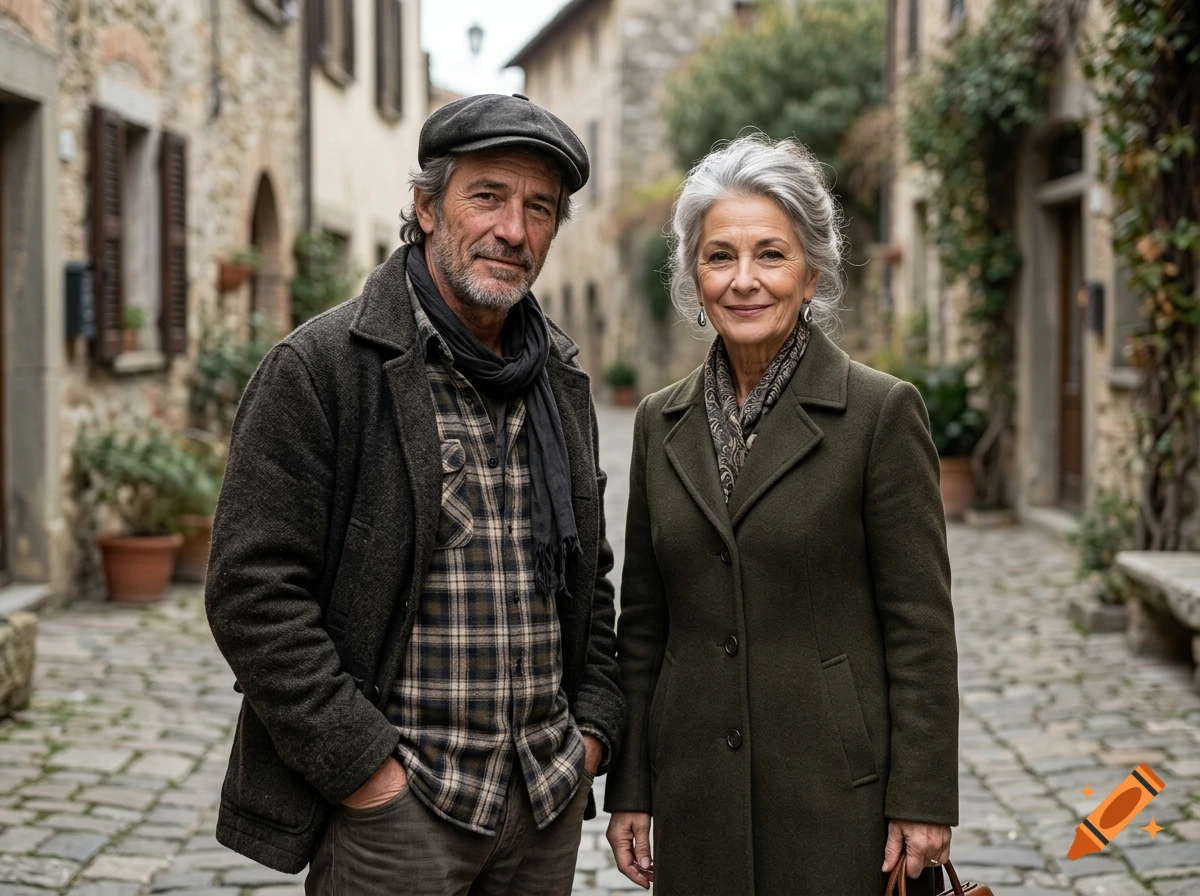 An older man and woman stand together in a narrow stone paved street lined with old buildings.