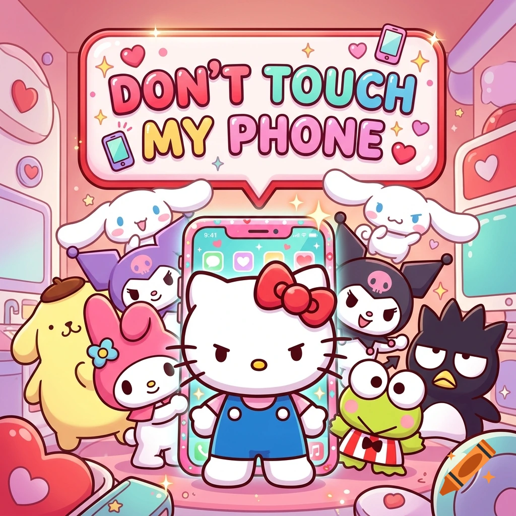 Hello Kitty and Sanrio characters surrounding a glowing smartphone with a speech bubble reading DON'T TOUCH MY PHONE, in a cute pink anime style.