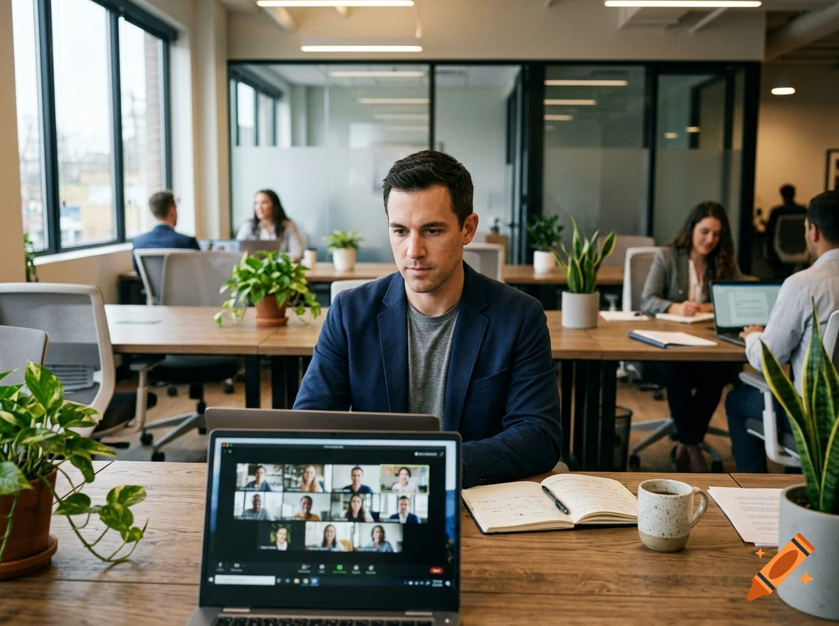 Photorealistic scene of a man focused on a laptop in a modern coworking space, with a video call screen on the foreground laptop.