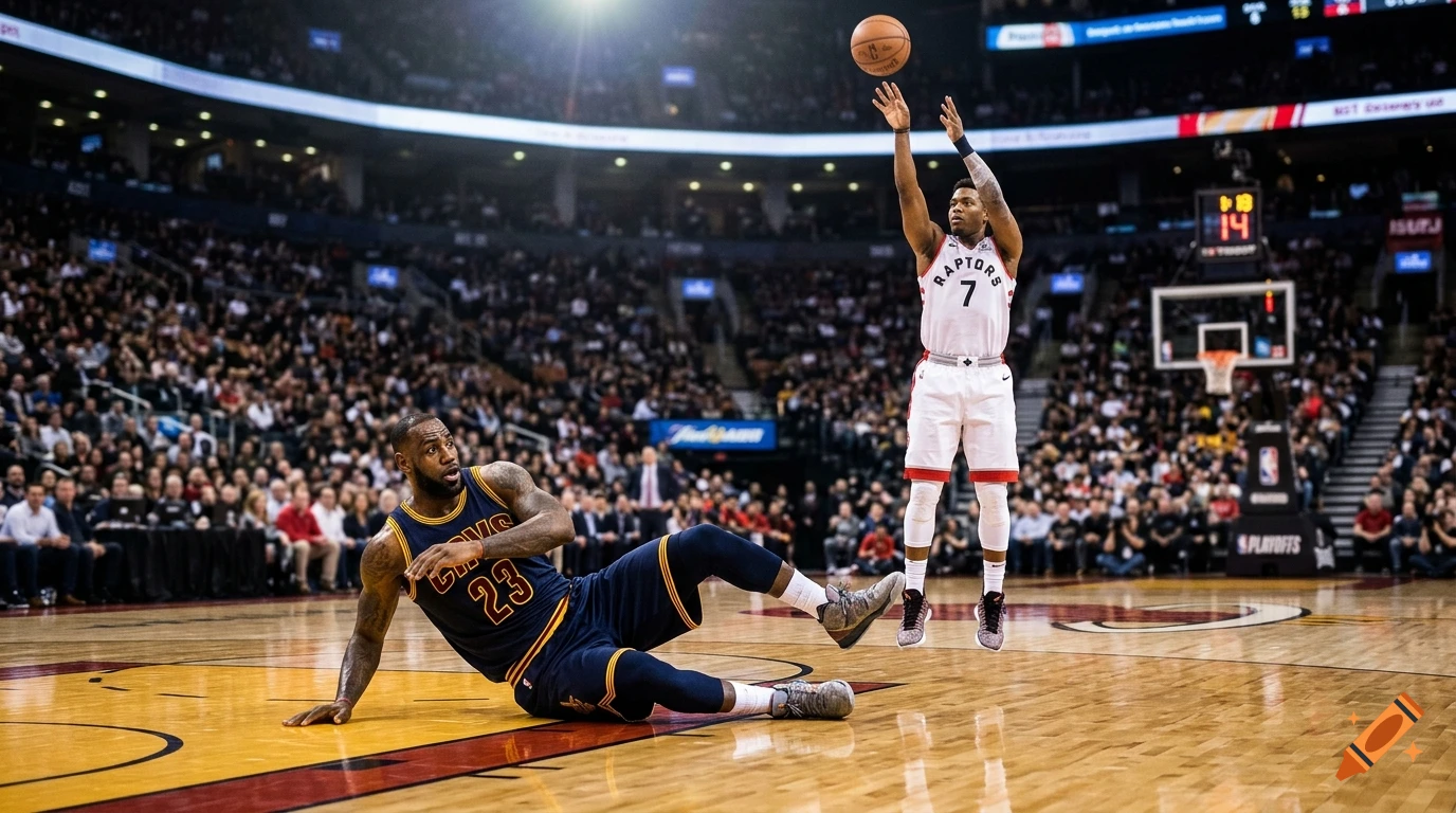 Basketball player lying on the court after an ankle break while another player shoots a three-pointer in an arena.