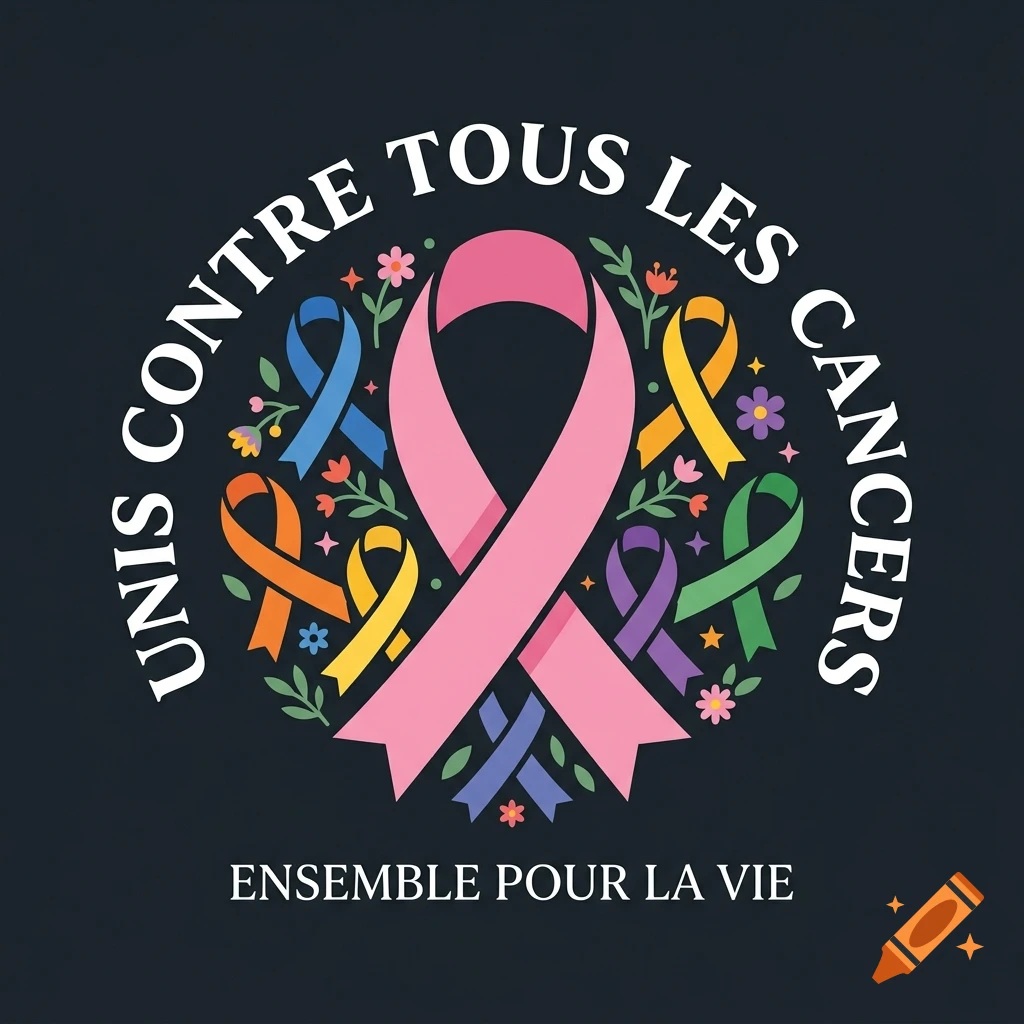 Cancer awareness logo with a large pink ribbon forming a heart, surrounded by multicolored ribbons, flowers, and text 'UNIS CONTRE TOUS LES CANCERS' in vector style.