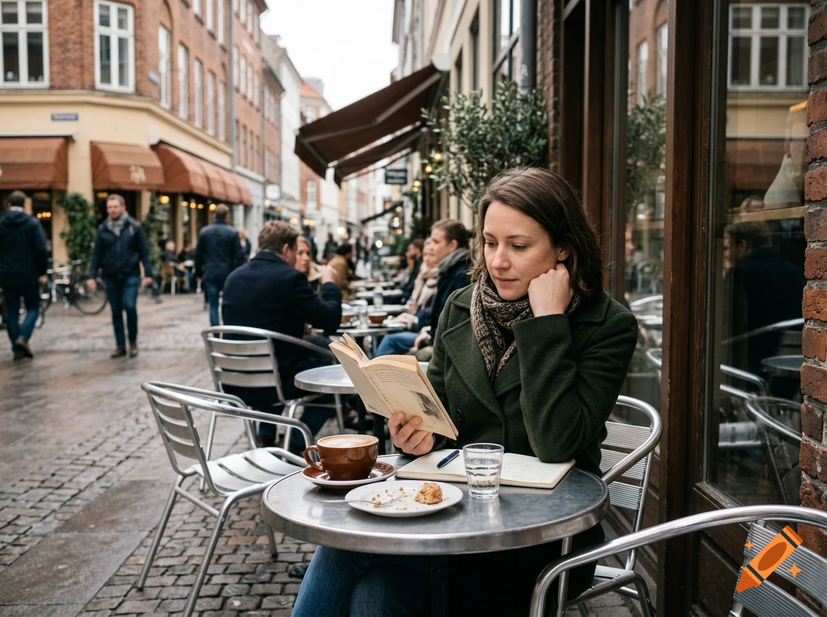 A woman reading a book at an outdoor cafe table on a city street.