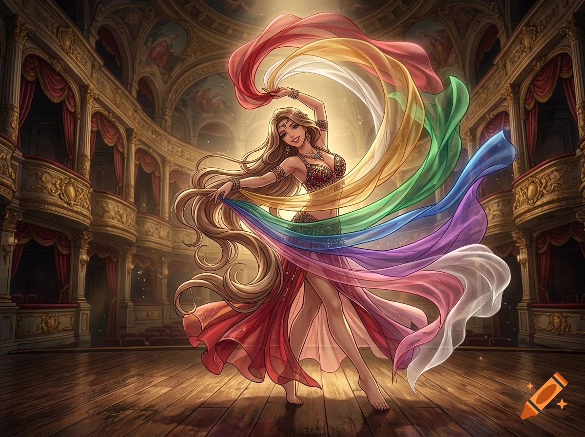 An anime-style dancer in a theatrical setting holding colorful translucent veils.