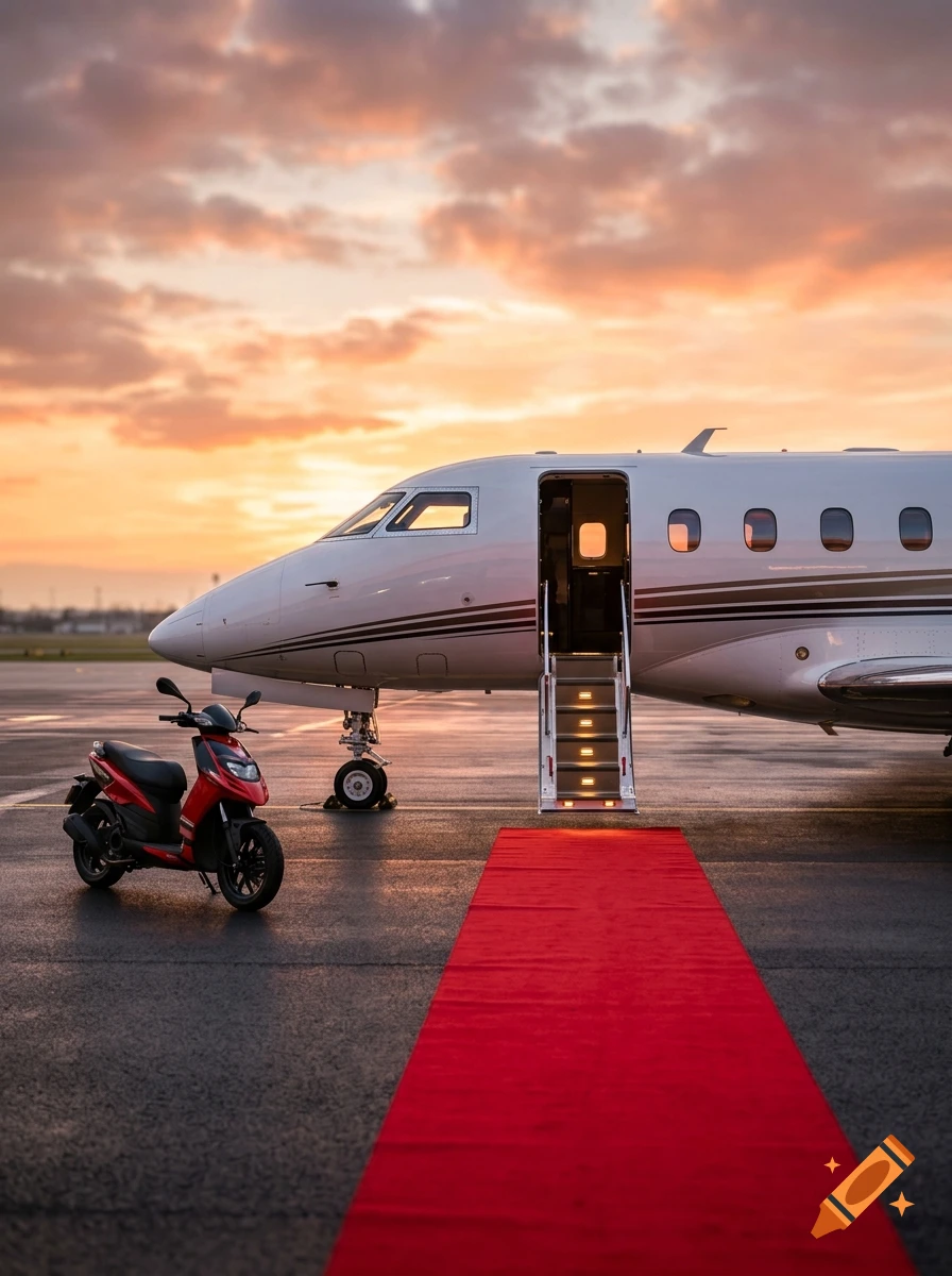 Photorealistic image of a private jet parked on a tarmac at sunset with a red carpet leading to the open door and a red scooter parked nearby.