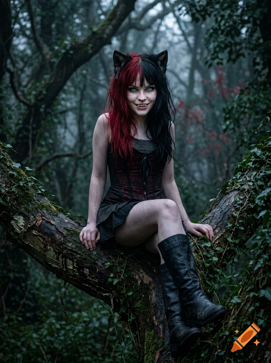 A woman with split black and red hair, cat ears, and fangs, sitting on a mossy tree branch in a misty forest, photorealistic.