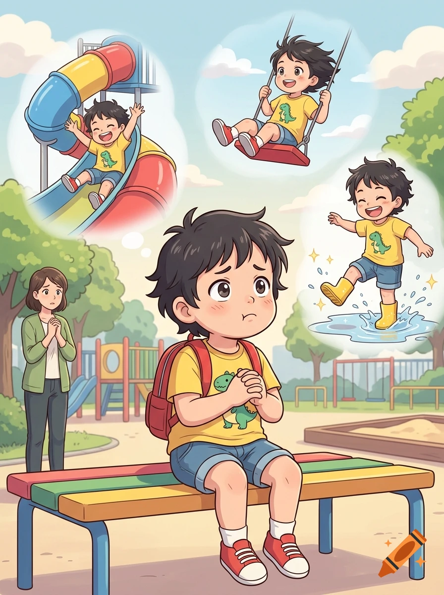 An anime-style illustration of a worried young boy sitting on a park bench, with thought bubbles showing him on a slide, a swing, and splashing in a puddle, while his mother watches in the background.
