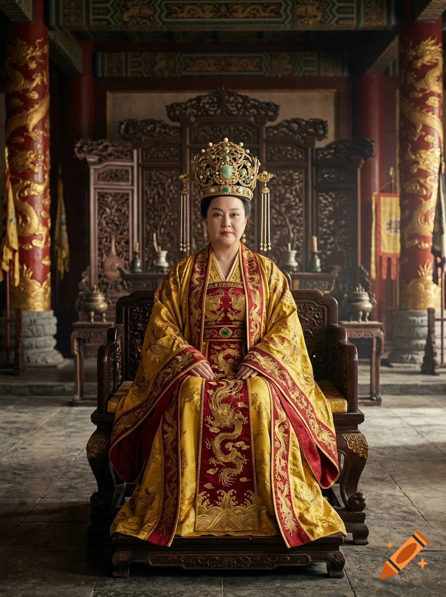 Cinematic portrait of a Chinese female emperor in yellow and red robes seated on a throne in a palace.