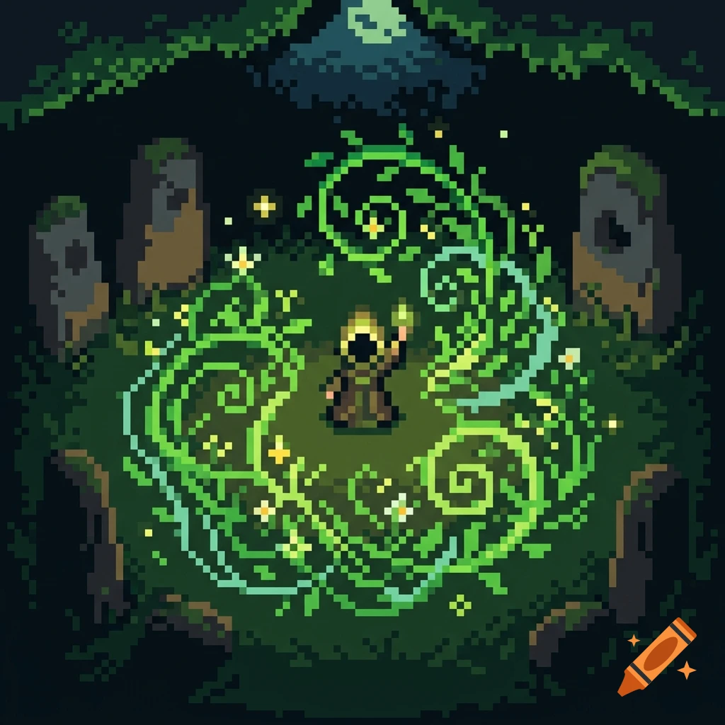 Pixel art of a hooded figure casting a green nature spell in a stone circle.