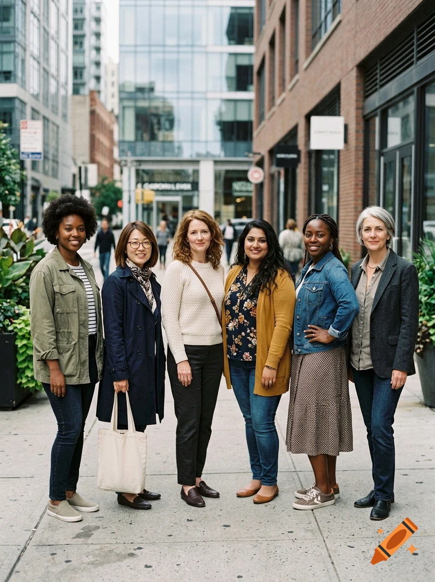 Full-body shot of six diverse women standing together on a city sidewalk in front of modern buildings.