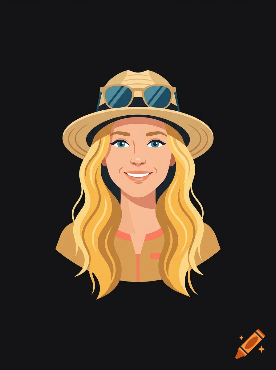 Flat vector illustration portrait of a smiling young woman with blonde hair, blue eyes, wearing sunglasses on a sun hat against a black background.