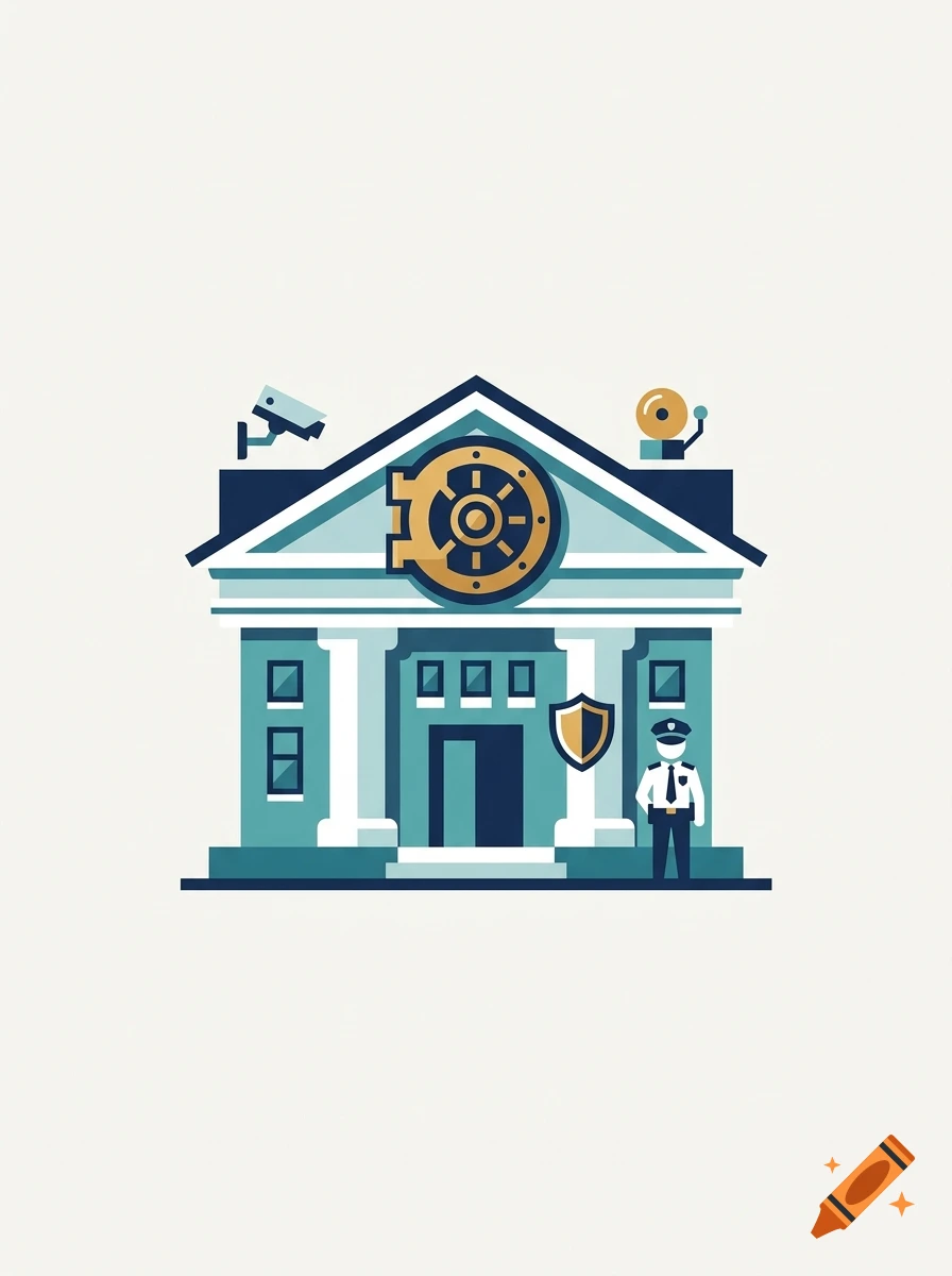 Stylized graphic illustration of a bank building with a large vault door, security camera, alarm, and a guard.