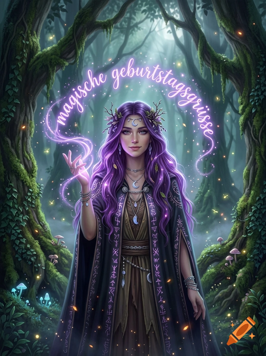 Digital illustration of a fantasy forest witch with purple hair, glowing runes, and glowing birthday text overhead.