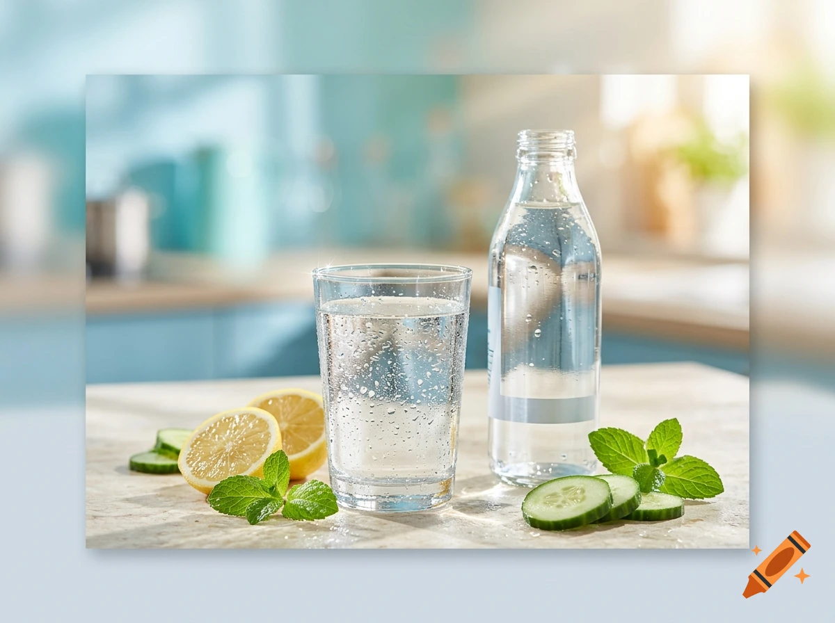 A glass of sparkling water next to a bottle of water, sliced lemons, cucumber slices, and fresh mint leaves on a light countertop.