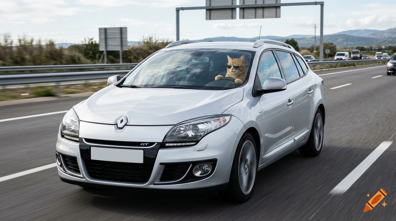 An orange cat wearing sunglasses driving a silver car on a highway.