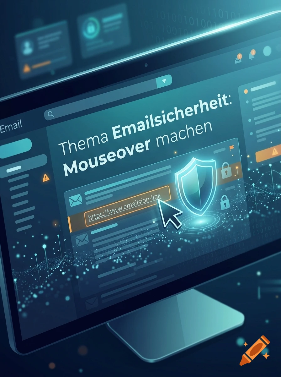 A computer screen displaying an email security interface with a shield icon and German text about mouseover links.