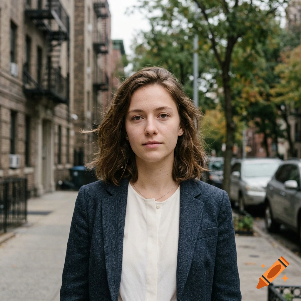 Photorealistic portrait of a young woman with brown hair, wearing a white shirt and dark blazer on a city sidewalk.