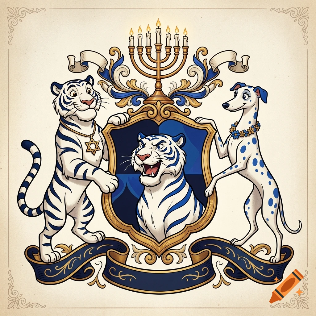 Coat of arms illustration featuring a white tiger and a greyhound supporting a blue shield with a menorah crest, in 1930s cartoon style.