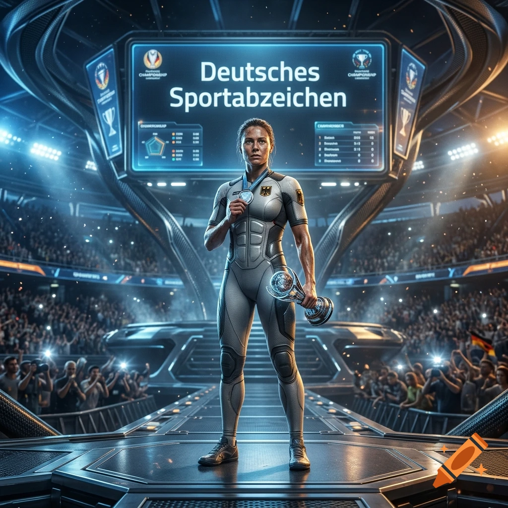 Futuristic science fiction sports arena with a female champion holding a trophy and medal under a large display screen showing 'Deutsches Sportabzeichen'.