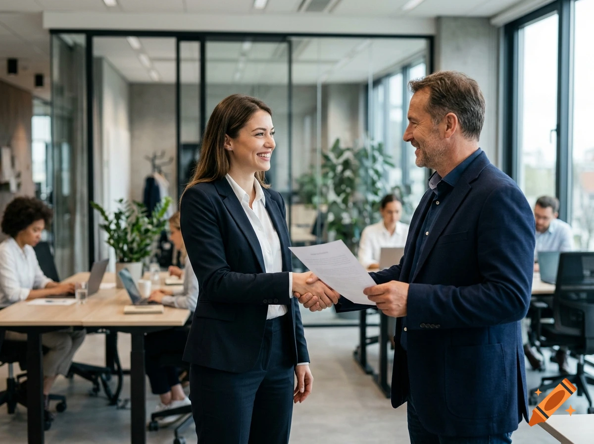 Photorealistic image of a manager shaking hands with an employee, handing them a promotion document in a modern office.