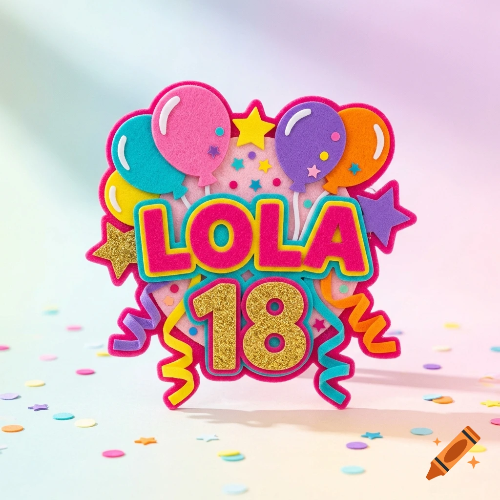 Colorful felt and foam party topper featuring balloons, confetti, and the text Lola 18 in bright pink and gold glitter.