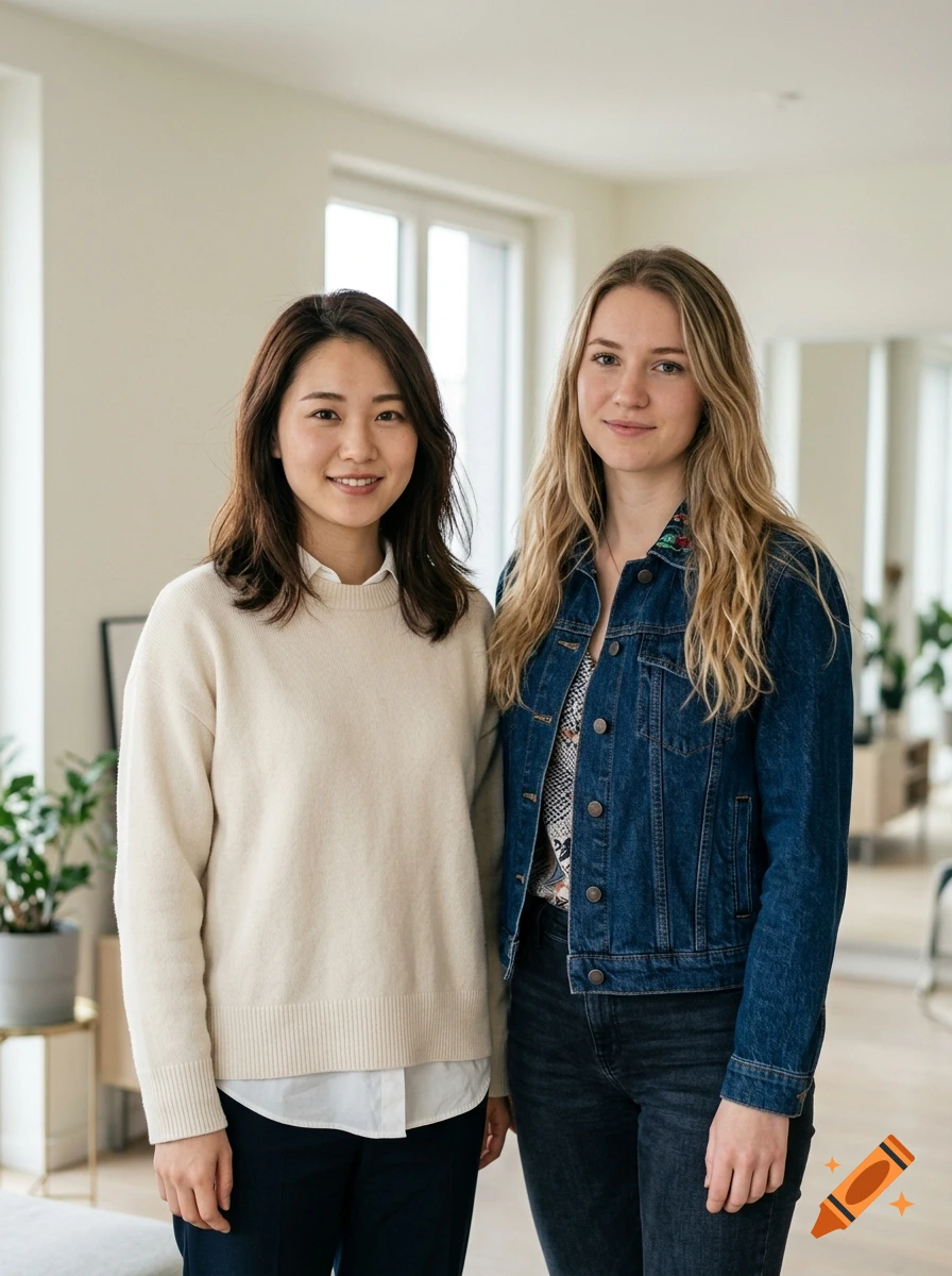 Photorealistic portrait of two young women standing side by side indoors.