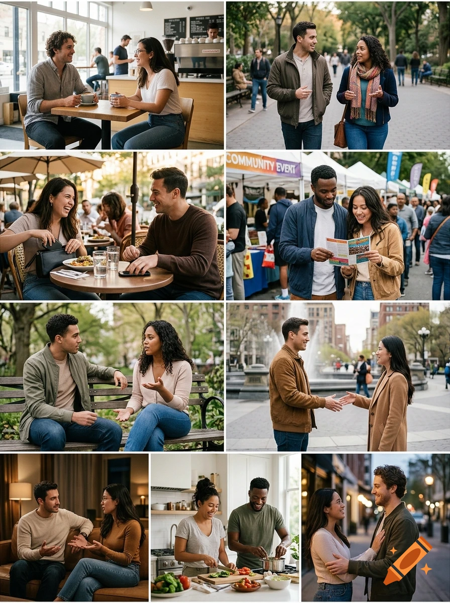 Collage of photorealistic images showing young couples interacting in various casual settings like cafes, parks, and streets.
