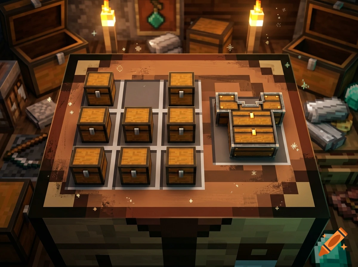 Minecraft crafting table with wooden chests arranged to craft a chest breastplate, surrounded by ingots, chests, and diamonds.