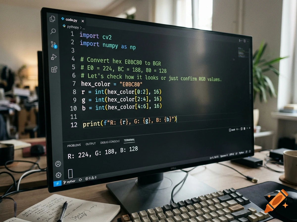 Photorealistic computer monitor displaying python code in a code editor on a wooden desk.