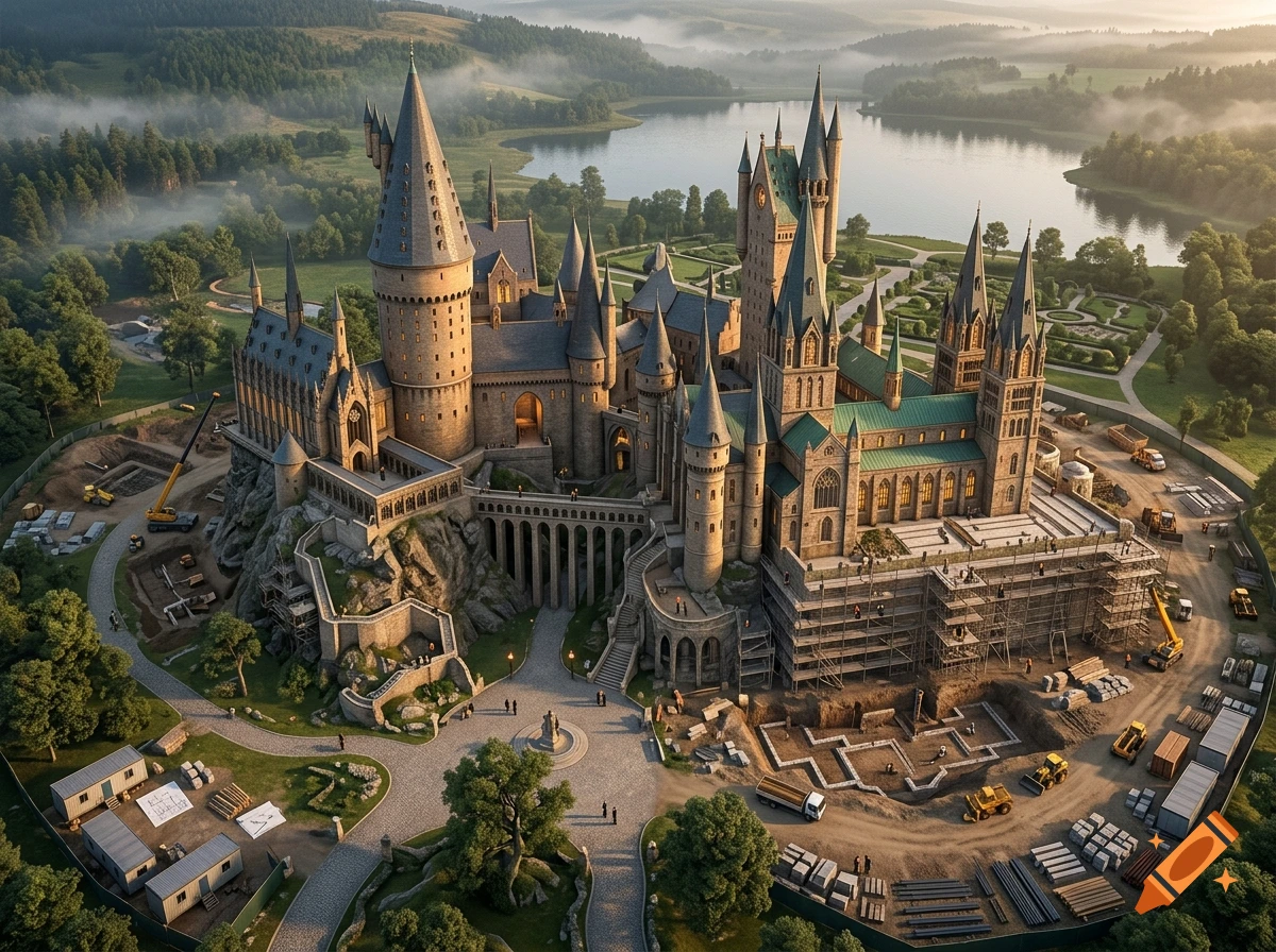Aerial view of a sprawling fantasy castle surrounded by a lake, forests, and construction sites with cranes and scaffolding.