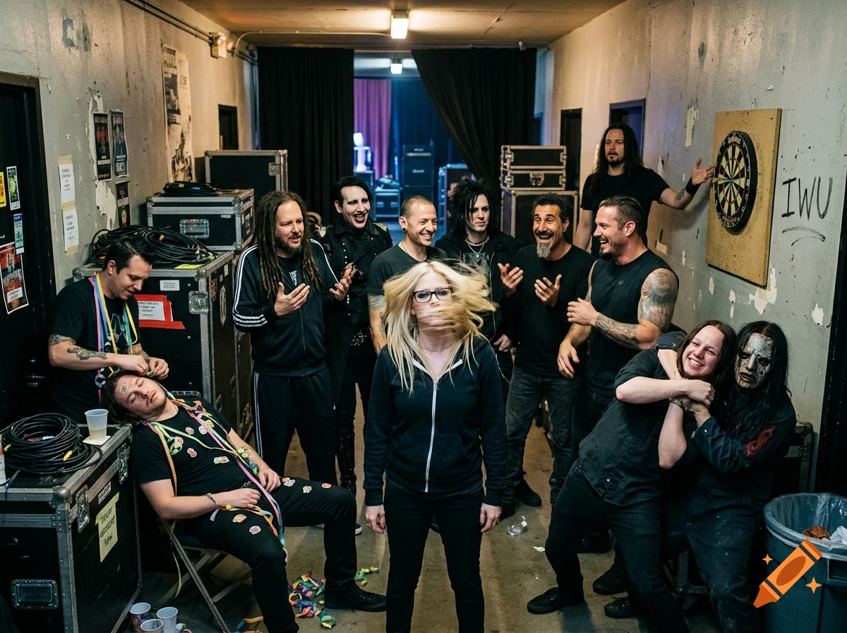 Photorealistic image of a metal band in a backstage hallway, with band members celebrating and a woman headbanging in the foreground.