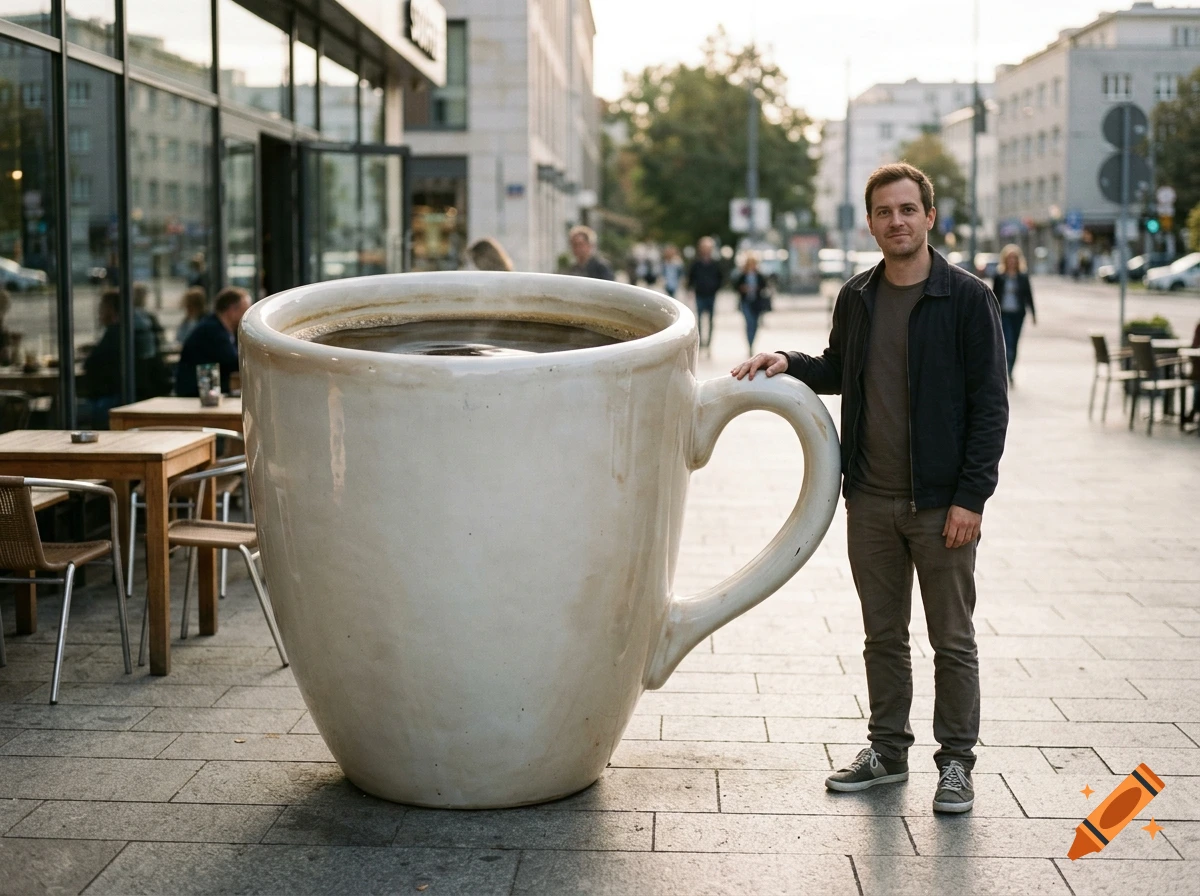 Photorealistic image of a man standing next to a giant coffee cup on a city sidewalk.