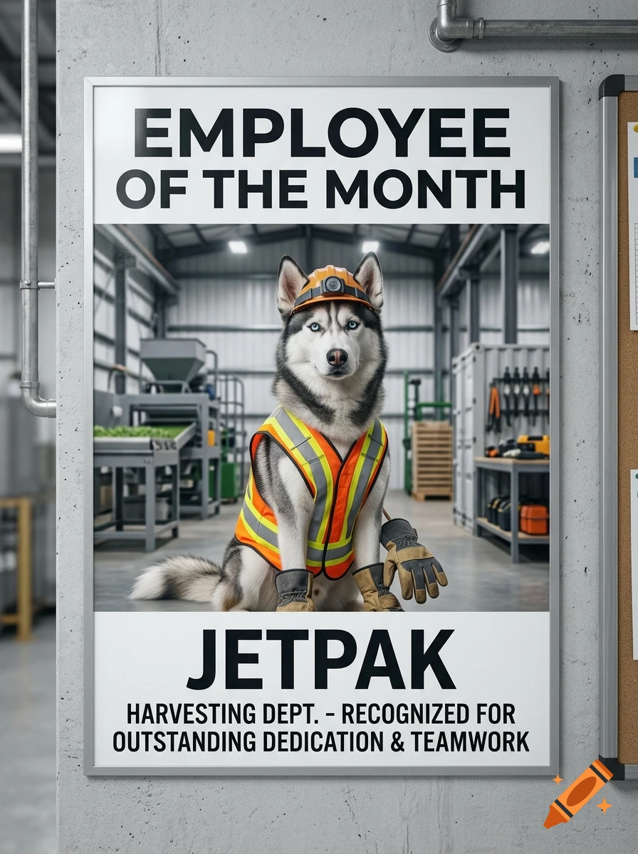 An employee of the month poster featuring a Husky wearing a hard hat and safety vest in a warehouse setting.