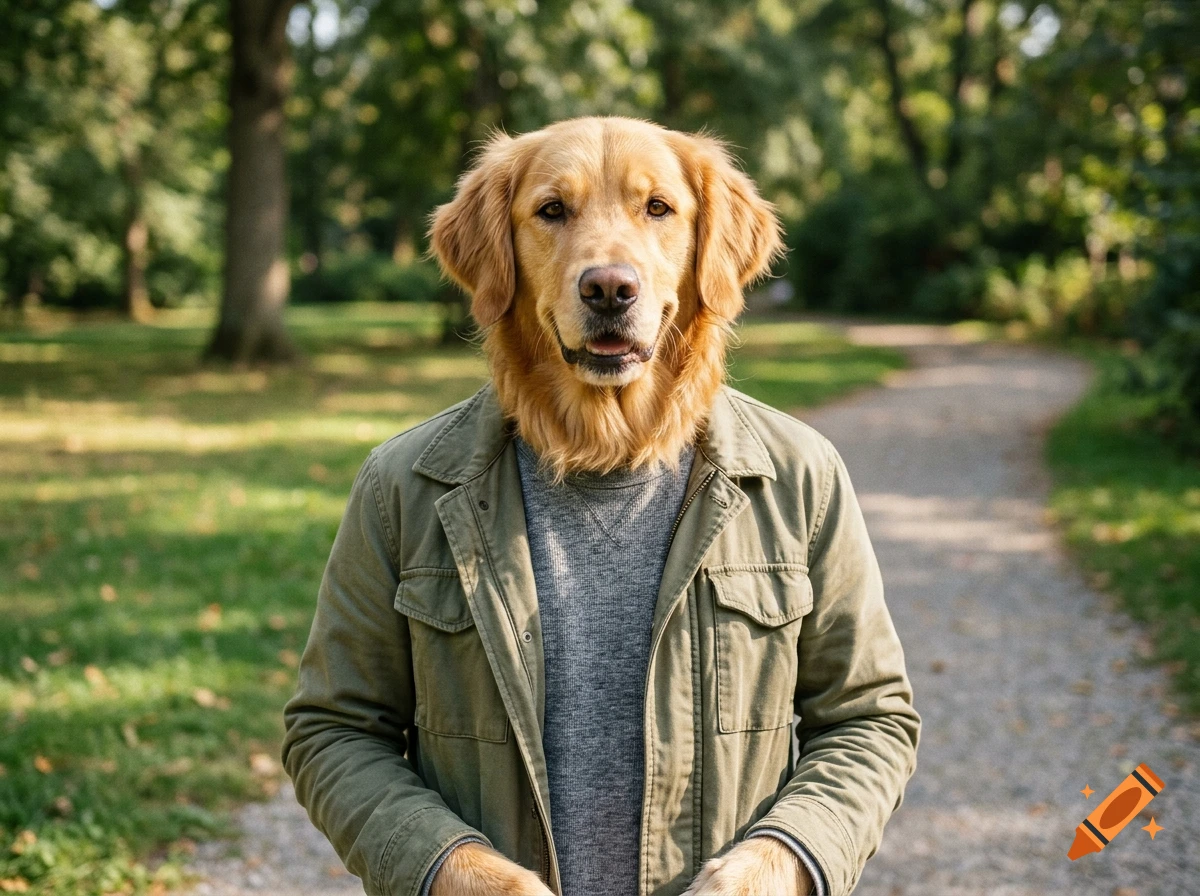 Photorealistic image of an anthropomorphic golden retriever wearing a green jacket, standing on a path in a park.