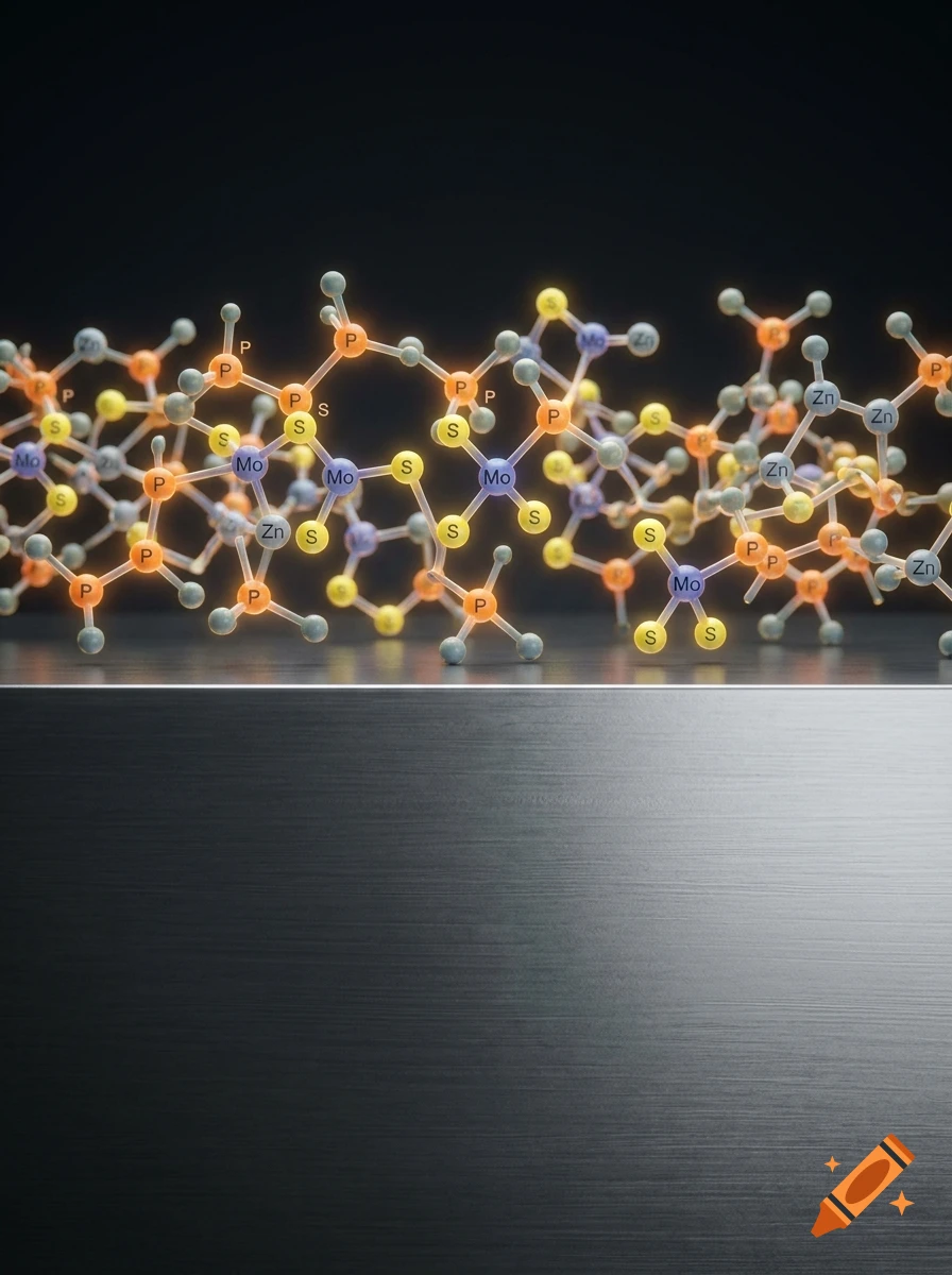 Photorealistic 3D visualization of molecular structures with elements like P, S, Mo, and Zn above a brushed steel surface.