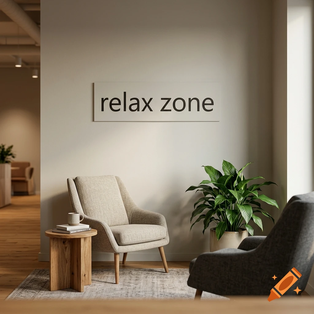 Photorealistic waiting room interior featuring a beige armchair, a wooden side table with a cup, a potted plant, and a 'relax zone' wall sign.
