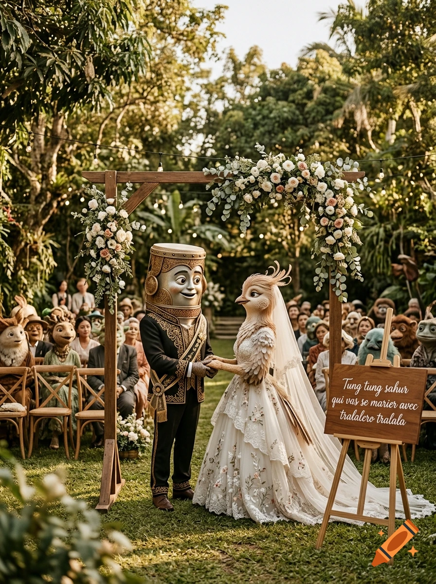 Photorealistic outdoor wedding ceremony featuring a man with a drum head for a head and a woman with a bird's head in a wedding dress.