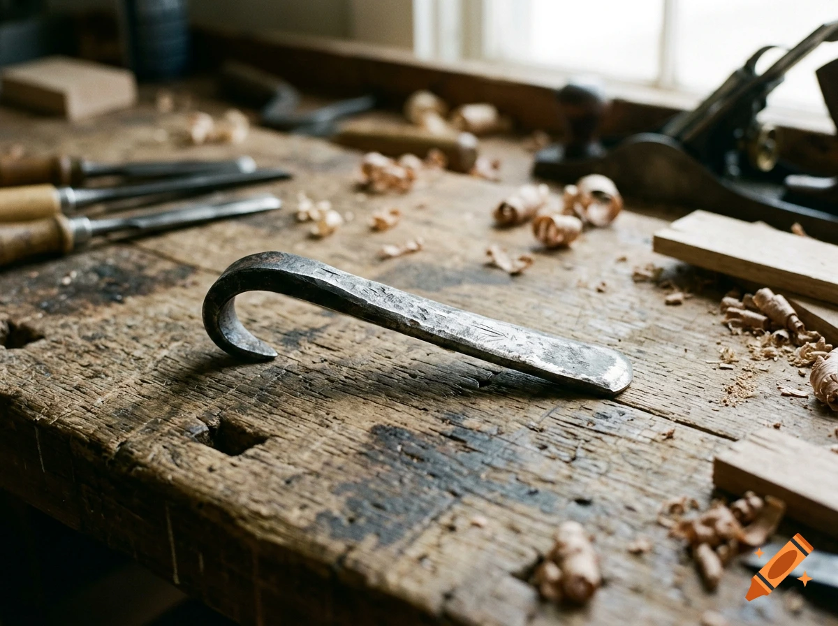 Close-up photorealistic shot of a handmade metal hook tool on a rustic wooden workbench with wood shavings and other woodworking tools in the background.