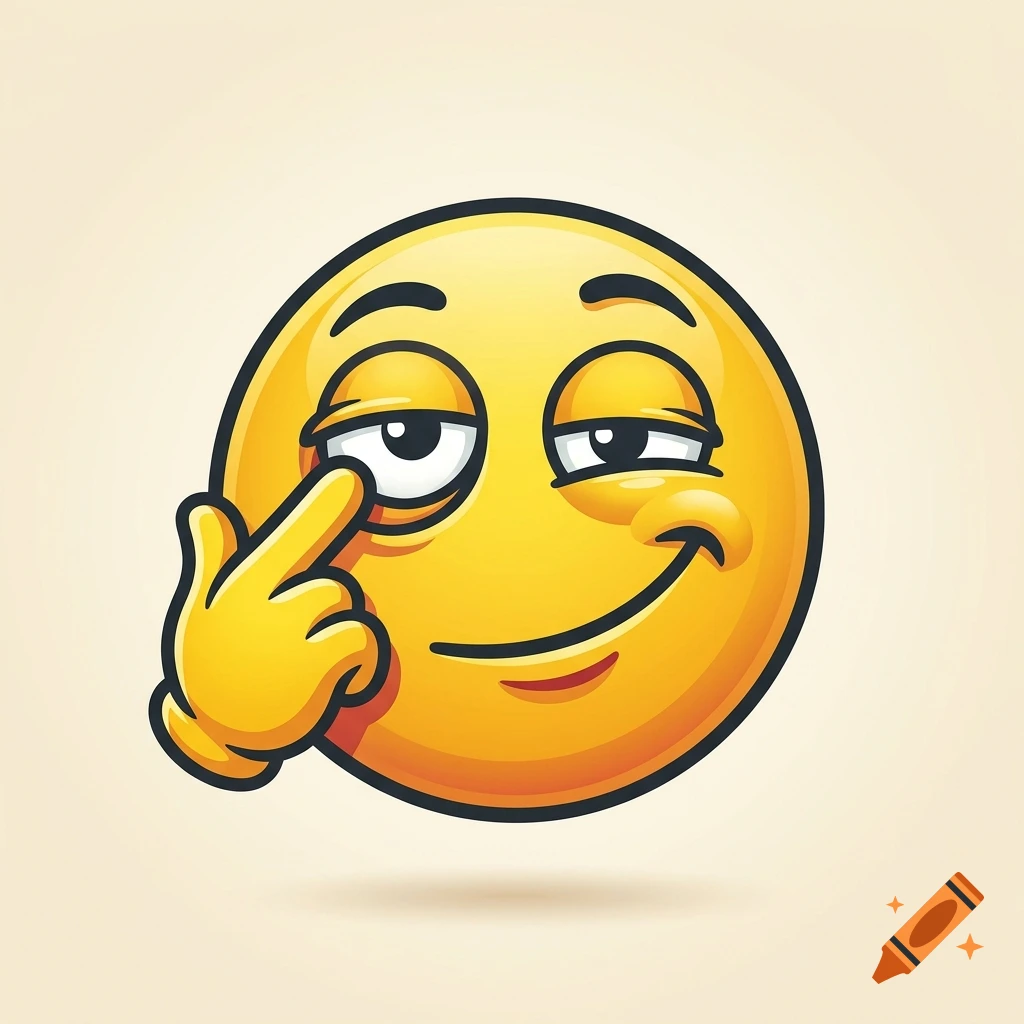 Digital illustration of a yellow emoji with a smug expression, pulling down its eyelid with a finger.