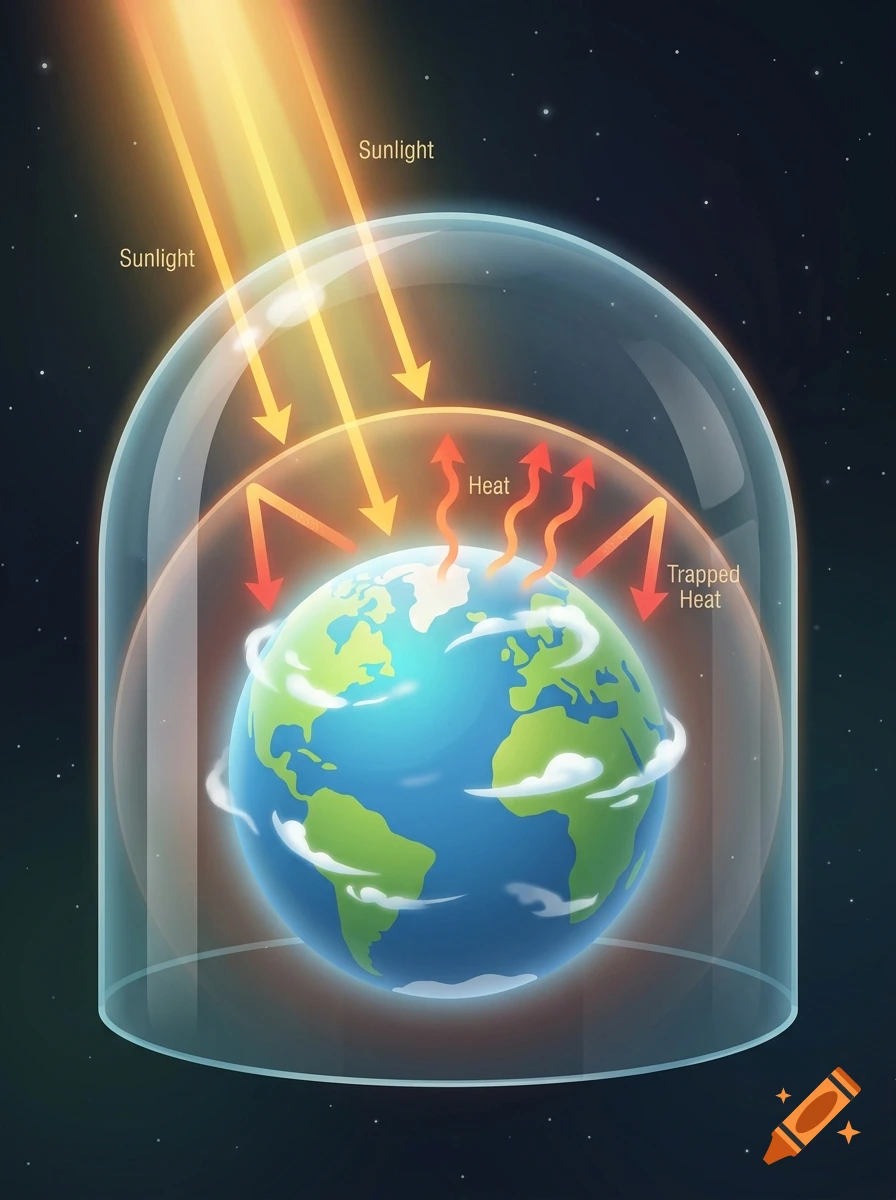 An educational diagram illustrating the greenhouse effect with Earth inside a glass dome, showing sunlight entering and heat being trapped.