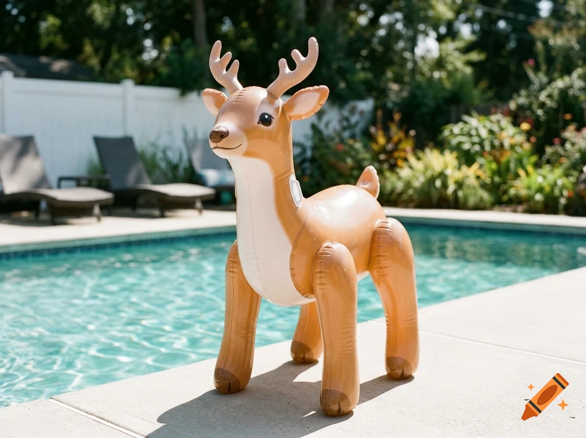An inflatable reindeer pool toy standing by the edge of an outdoor swimming pool on a sunny day.