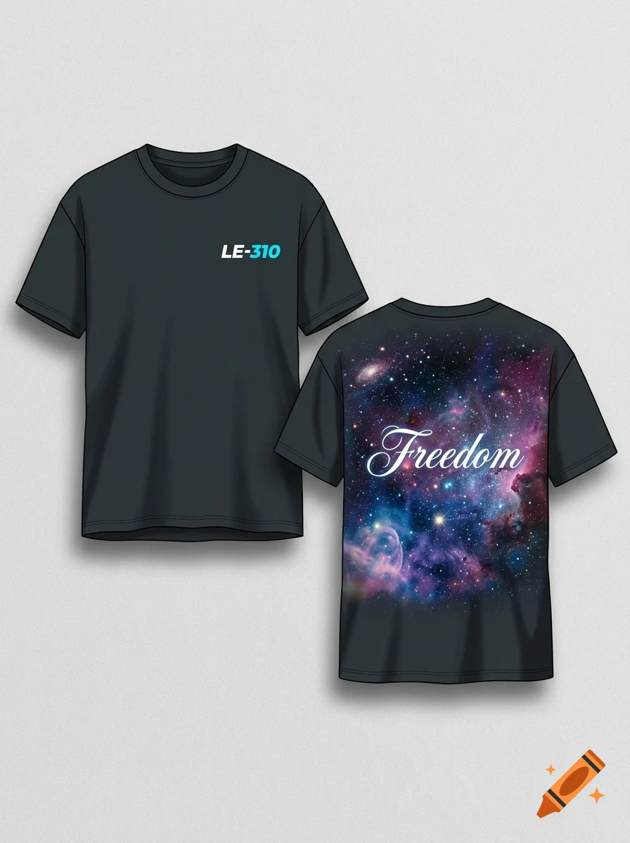 A black t-shirt mockup showing front and back views, featuring space nebula art and the word Freedom on the back.