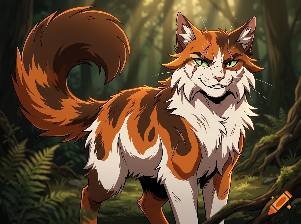 An orange and white fluffy cat with green eyes stands in a forest with dappled sunlight.