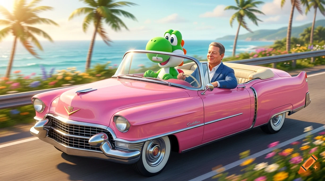 An older man and a green dinosaur character driving a pink vintage convertible along a scenic coastal road with palm trees and ocean views.