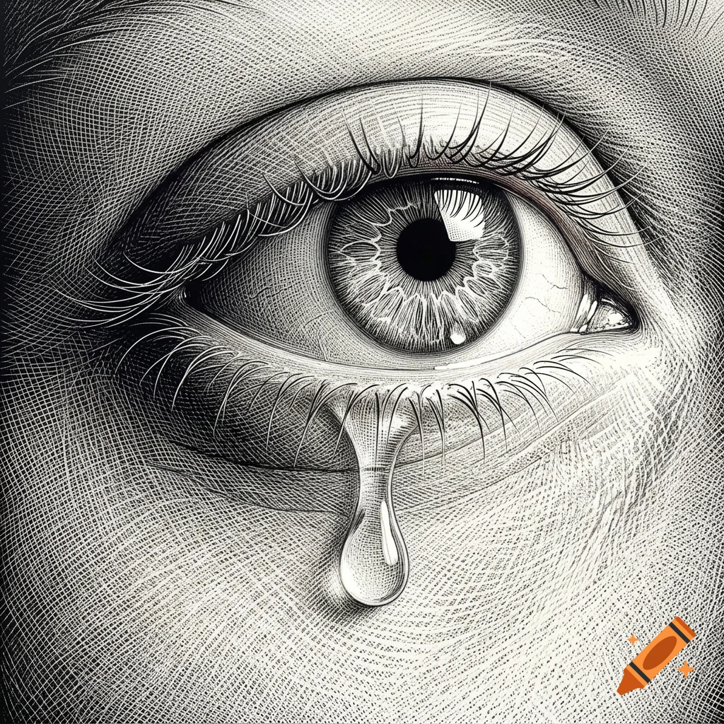 Close-up black and white engraving style illustration of a human eye with a single tear rolling down the cheek.